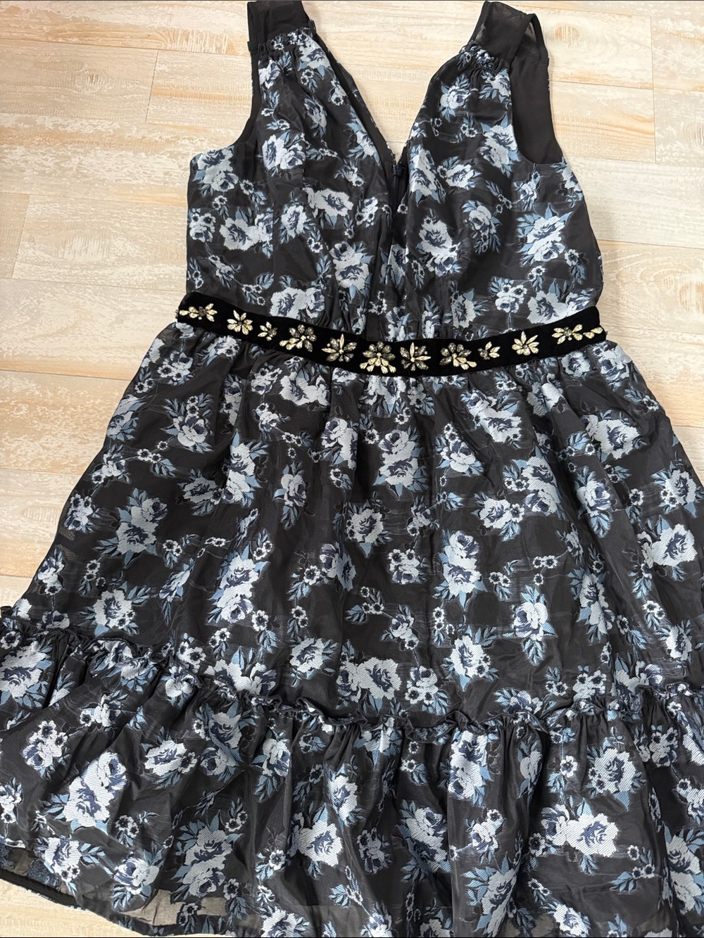 kate spade Black Floral Fit-and-Flare Dress with Embellished Waist
